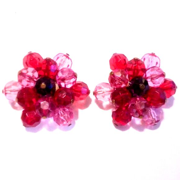 Vintage Large Red and Pink Faceted Bead Cluster Clip On Earrings - Picture 3 of 4